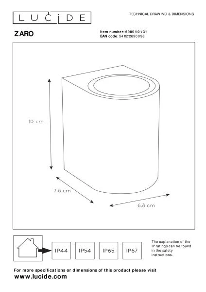 Lucide ZARO - Foco de pared / Lámpara de pared Dentro/Fuera - 1xGU10 - IP44 - Blanco - TECHNISCH